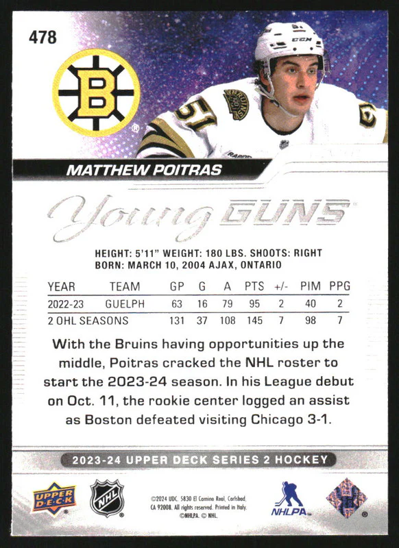 2023-24 Upper Deck #478 Matthew Poitras Young Guns RC Rookie - Image 2