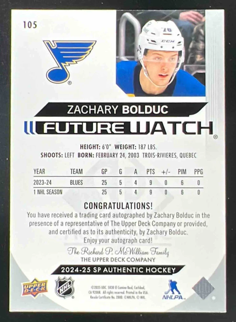 2024-25 SP Authentic #105 Zachary Bolduc Autograph RC Future Watch Auto /999 - Image 2