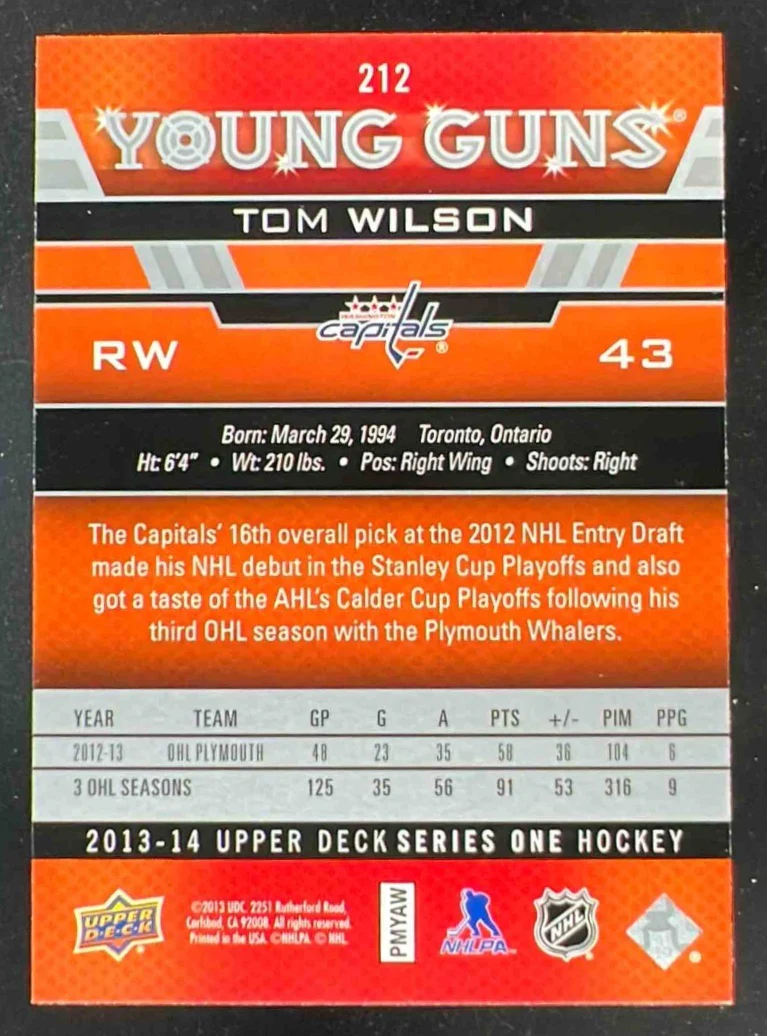2013-14 Upper Deck #212 Tom Wilson Young Guns RC - Image 2