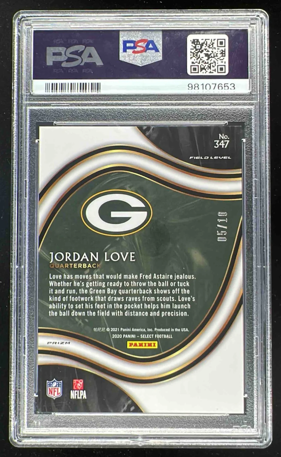 2020 Panini Select Gold Prizm #347 Jordan Love Field Level RC /10 PSA 10 - Image 2