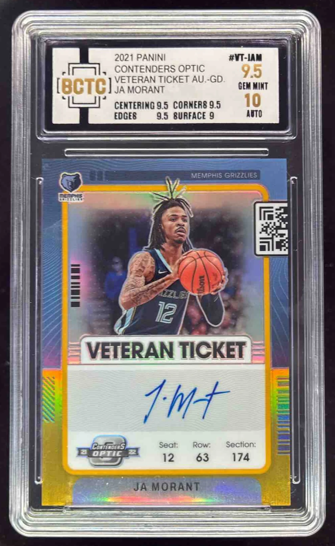 2021 Contenders Optic Veteran Ticket Gold #VT-JAM Ja Morant Auto /10 BCTC 9.5