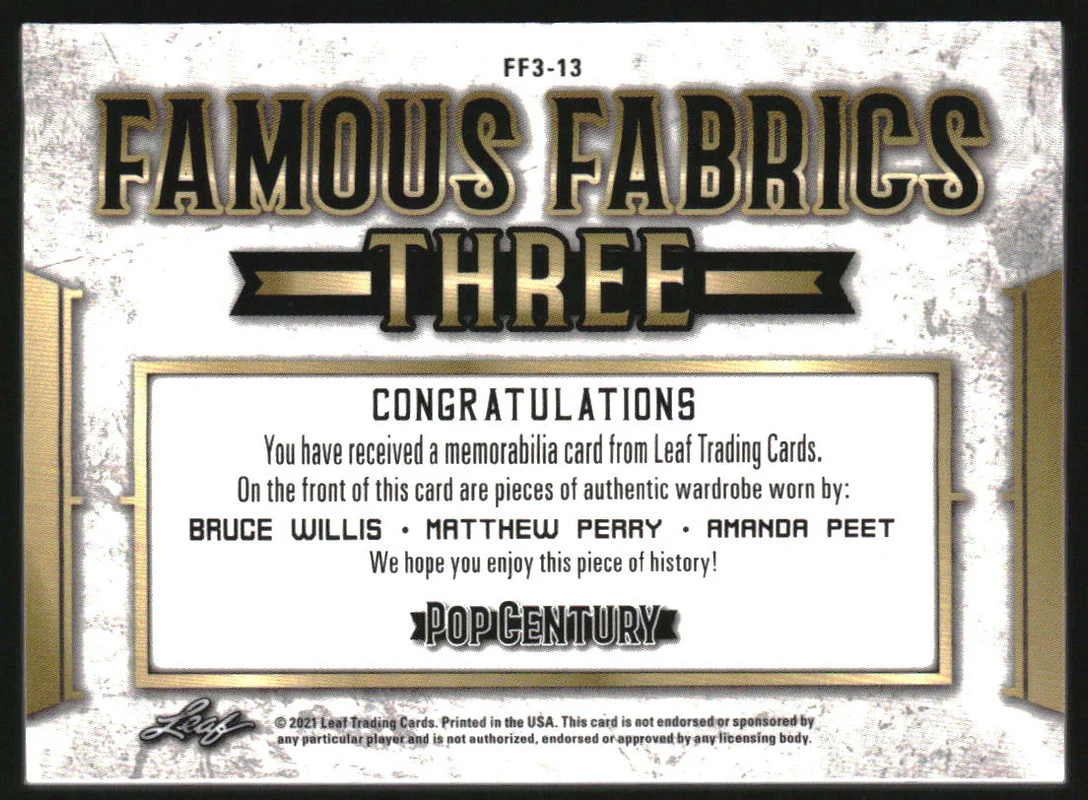 2021 Leaf Famous Fabrics Three Bruce Willis Matthew Perry Amanda Peet /30 - Image 2