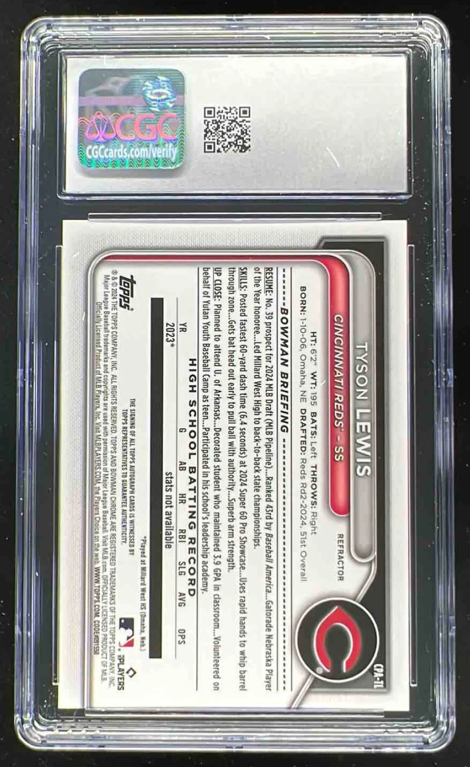 2024 Bowman Draft Chrome Refractor #CPA-TL Tyson Lewis RC Auto /499 CGC 10 - Image 2