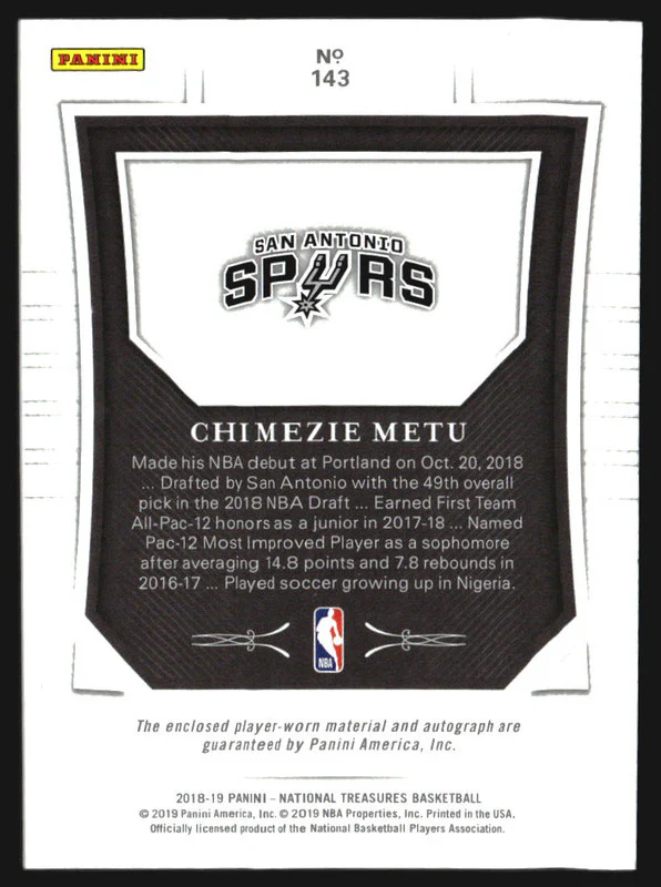 2018-19 Panini National Treasures Gold #143 Chimezie Metu RC Jersey Auto /10 - Image 2