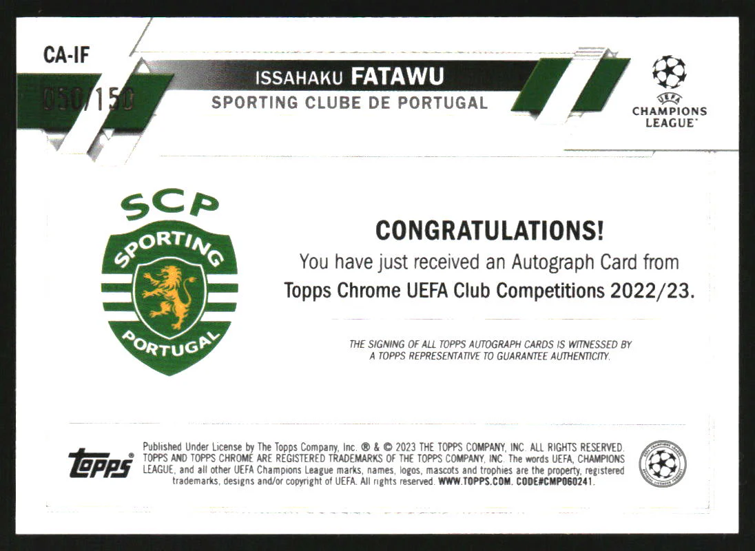 2022-23 Topps Chrome UEFA Club Competitions Auto Blue Issahaku Fatawu RC /150 - Image 2