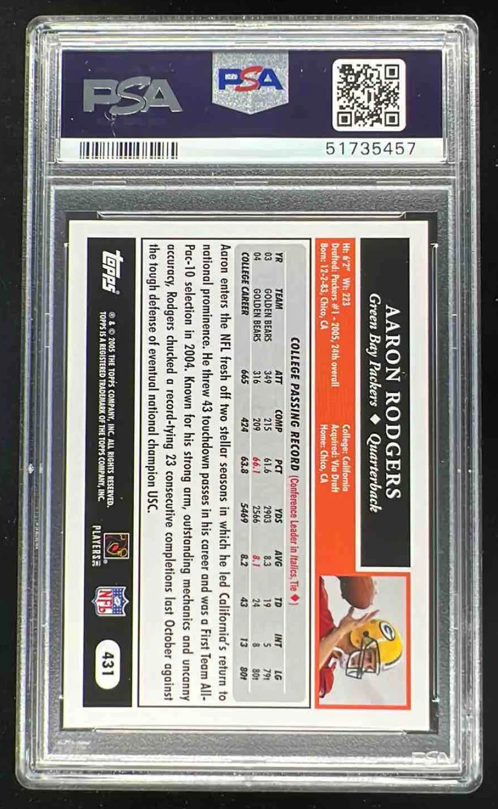 2005 Topps #431 Aaron Rodgers RC PSA 9 - Image 2