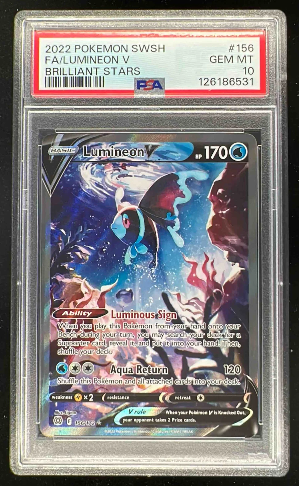 2022 Pokemon Sword & Shield Brilliant Stars #156/172 Lumineon V PSA 10