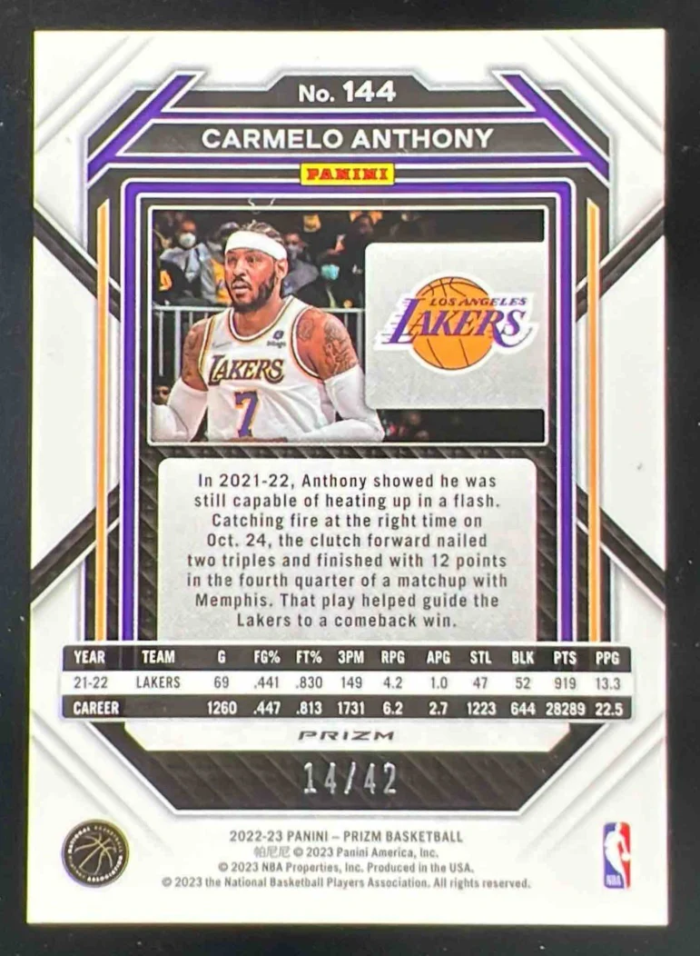2022-23 Panini Prizm Prizms Pink Pulsar #144 Carmelo Anthony /42 - Image 2