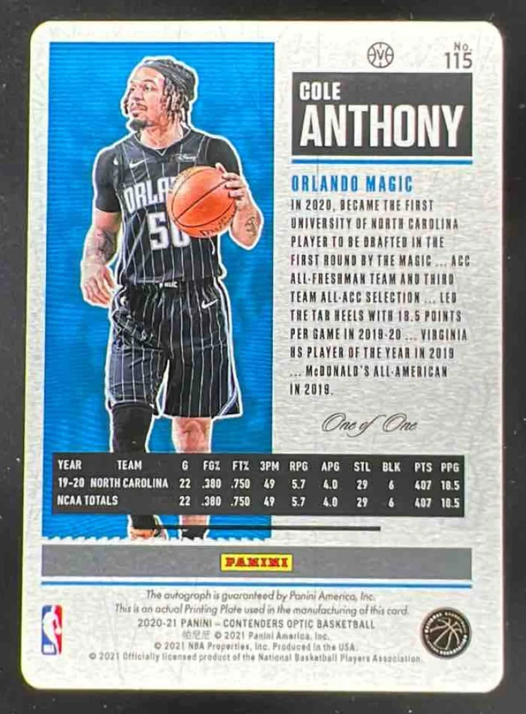 2020-21 Contenders Optic Printing Plate Cyan #115b Cole Anthony RC Auto 1/1 - Image 2