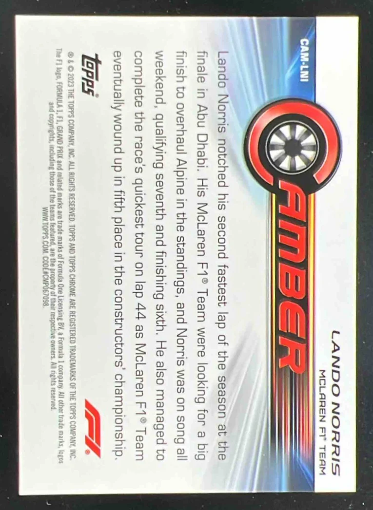 2023 Topps Chrome Formula 1 Camber Orange Refractor #CAM-LNI Lando Norris /25 - Image 2