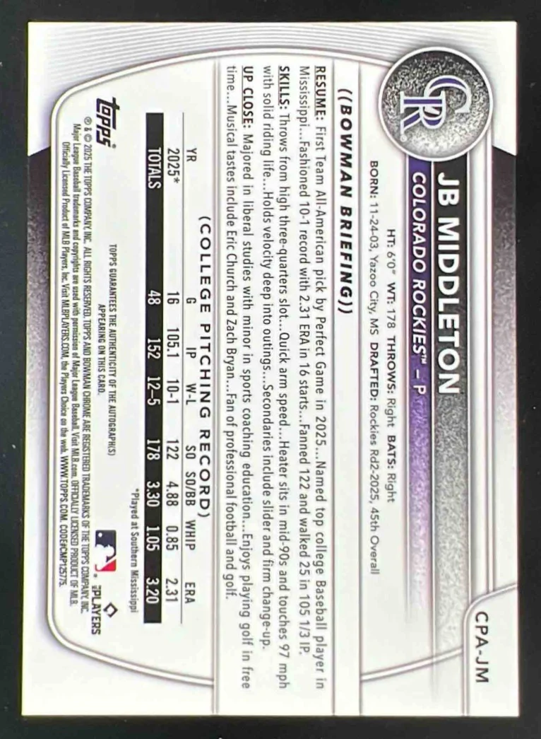 2025 Bowman Draft Chrome Autograph #CPA-JM JB Middleton RC Auto - Image 2