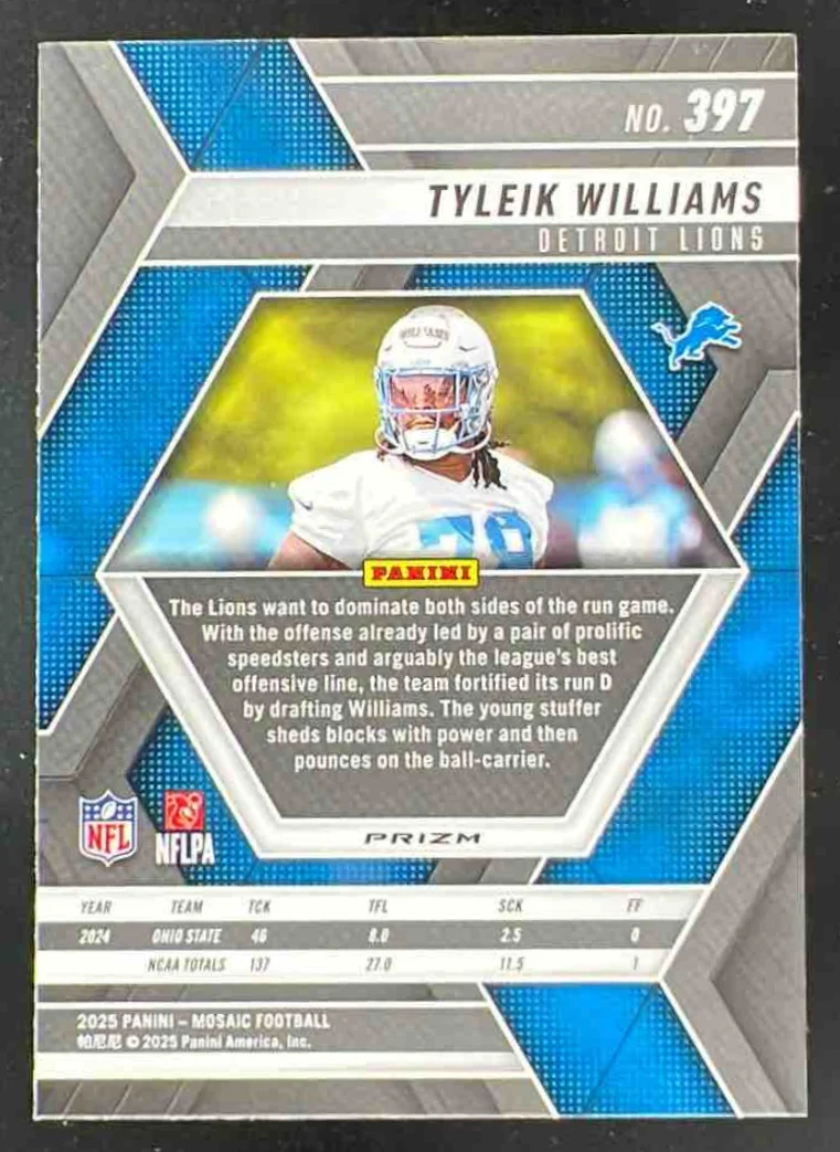 2025 Panini Mosaic Rookies Honeycomb Prizm #397 Tyleik Williams RC - Image 2