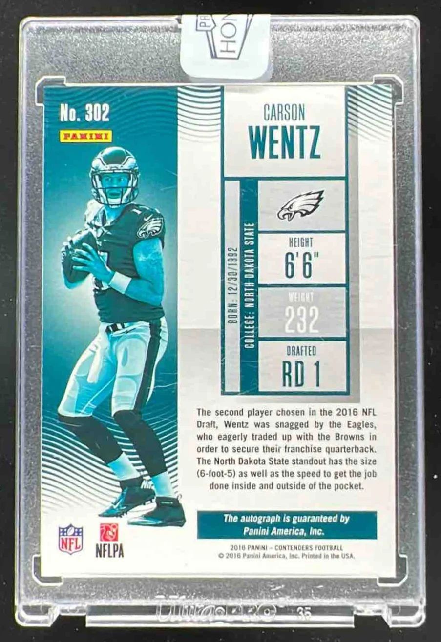 2016 Panini Contenders 2018 Honors #302 Carson Wentz RC Rookie Ticket Auto /2 - Image 2