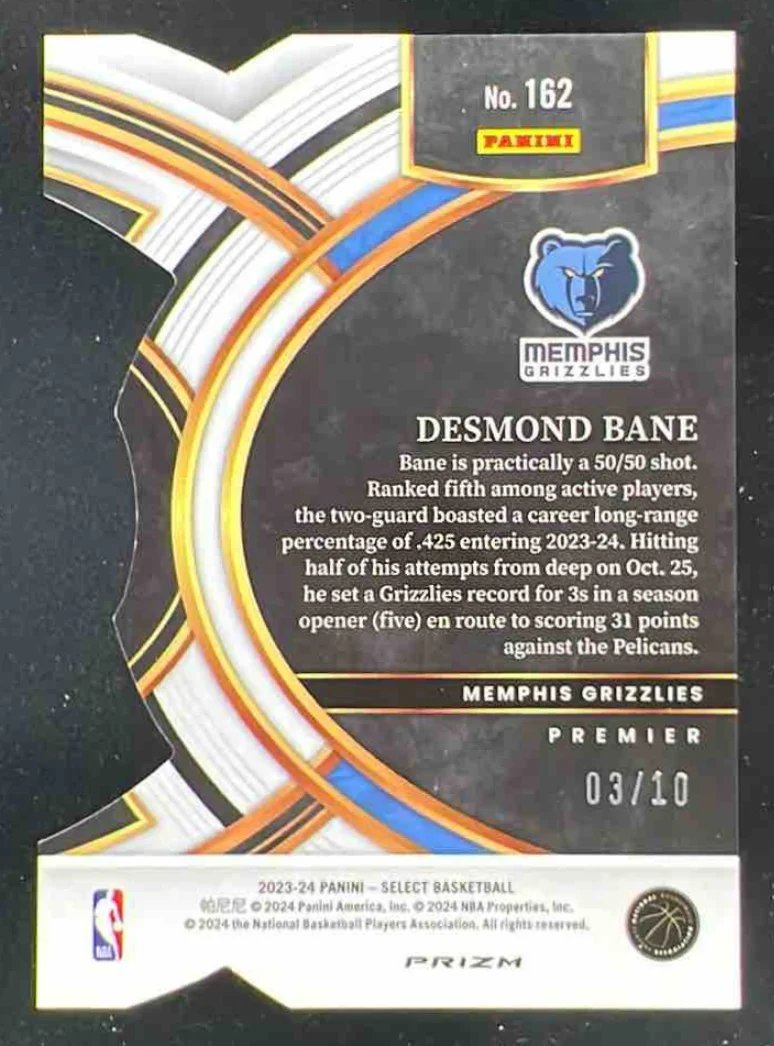 2023-24 Panini Select Gold Prizms #162 Desmond Bane Premier Level /10 - Image 2