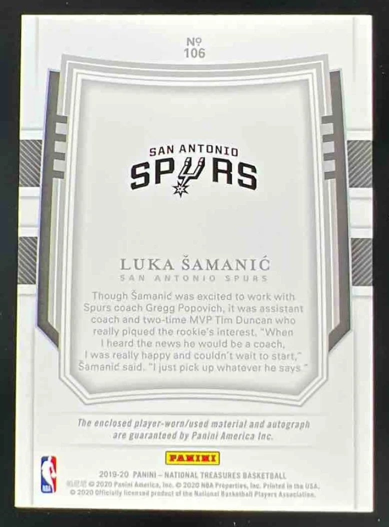 2019-20 Panini National Treasures Gold #106 Luka Samanic RC Auto /10 - Image 2