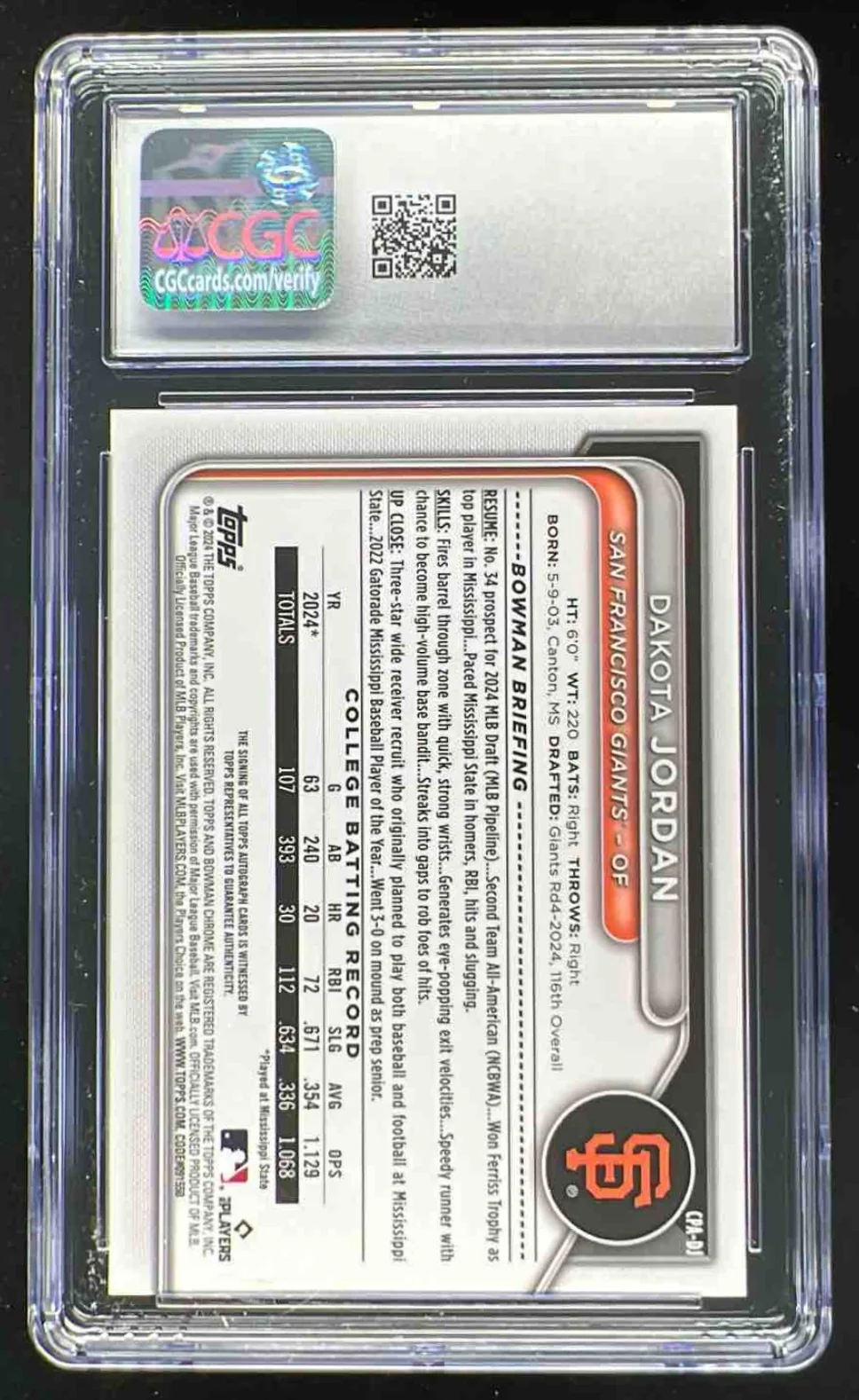2024 Bowman Draft Chrome HTA Choice #CPA-DJ Dakota Jordan RC Auto /150 CGC 10 - Image 2