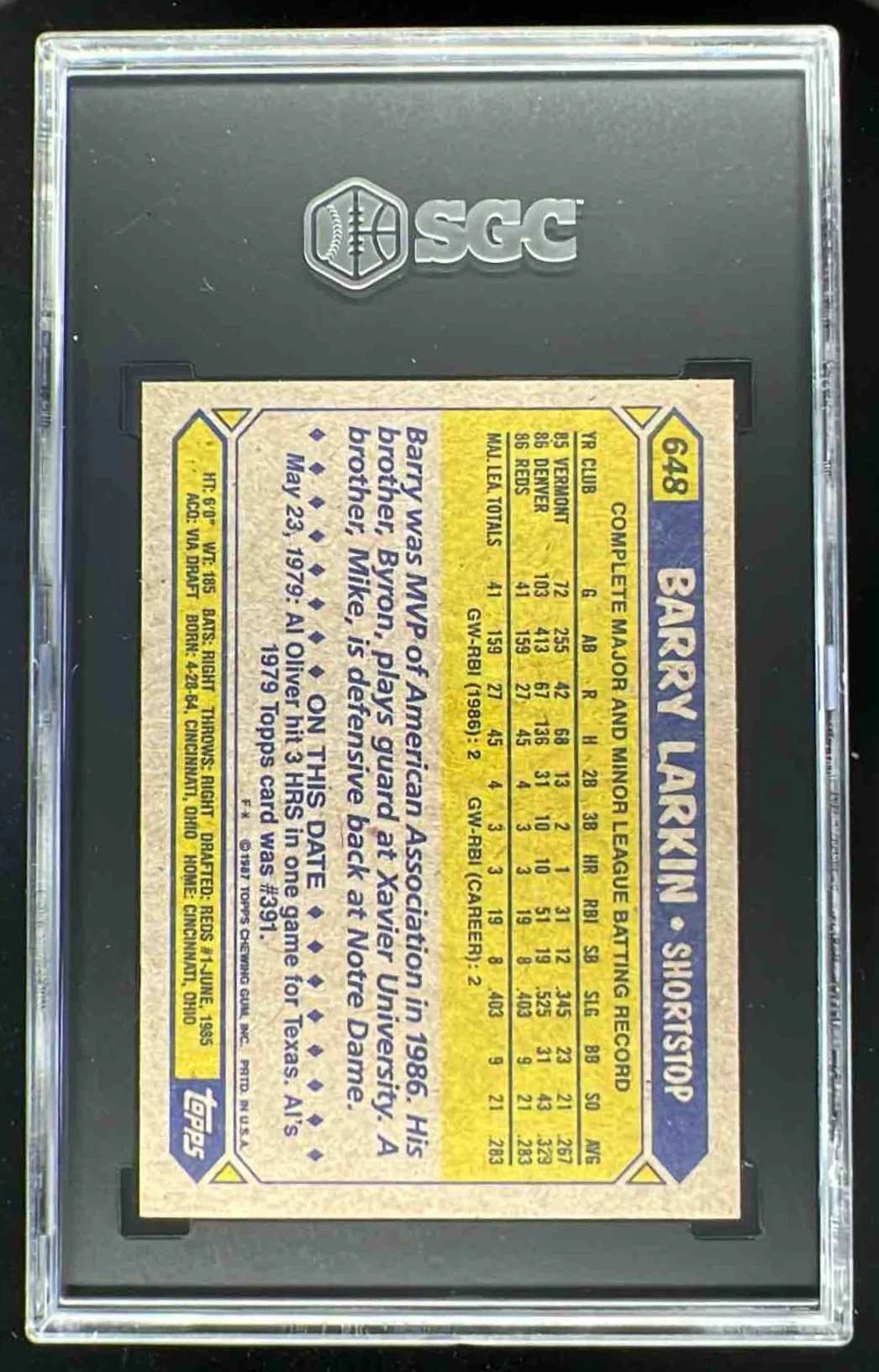 1987 Topps #648 Barry Larkin RC SGC 9.5 - Image 2