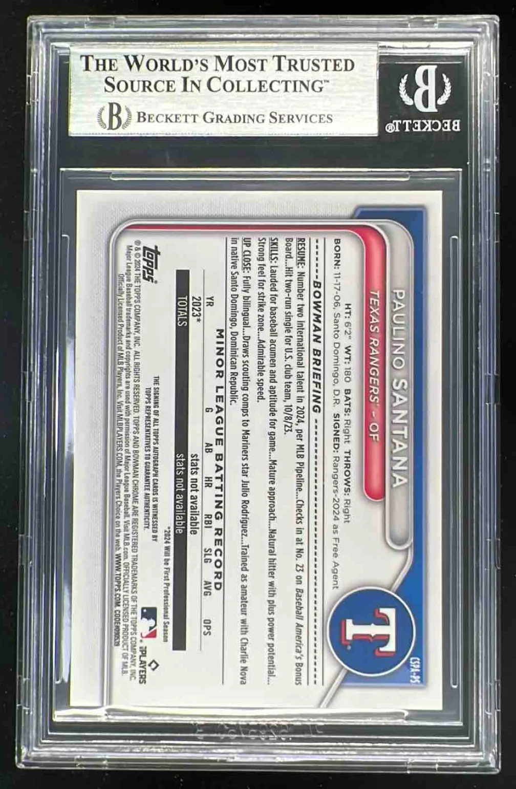2024 Bowman Chrome Sapphire Black #CSPA-PS Paulino Santana Auto /10 BGS 8.5 - Image 2