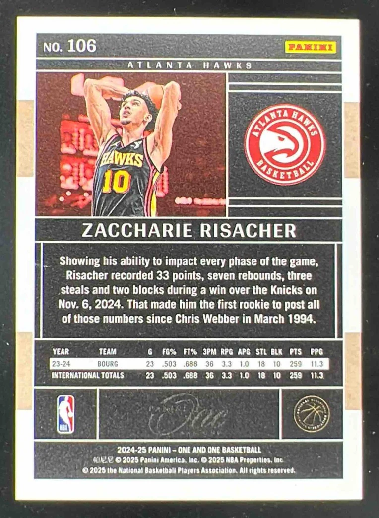 2024-25 Panini One and One Rookies Orange #106 Zaccharie Risacher /49 - Image 2