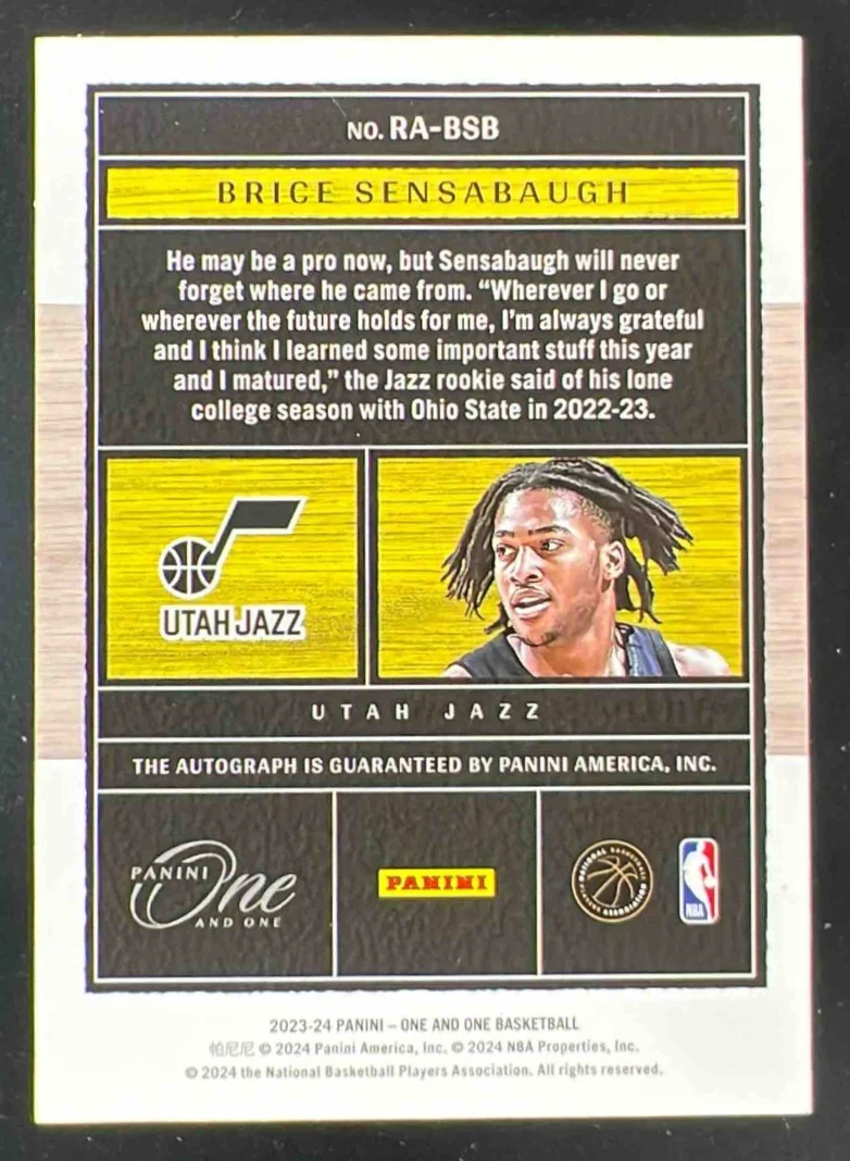 2023-24 Panini One and One Rookie Autographs Blue Brice Sensabaugh RC Auto /49 - Image 2