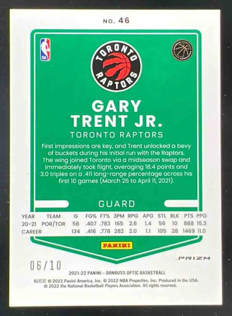 2021-22 Panini Donruss Optic Fast Break Gold Prizm #46 Gary Trent Jr. /10 - Image 2