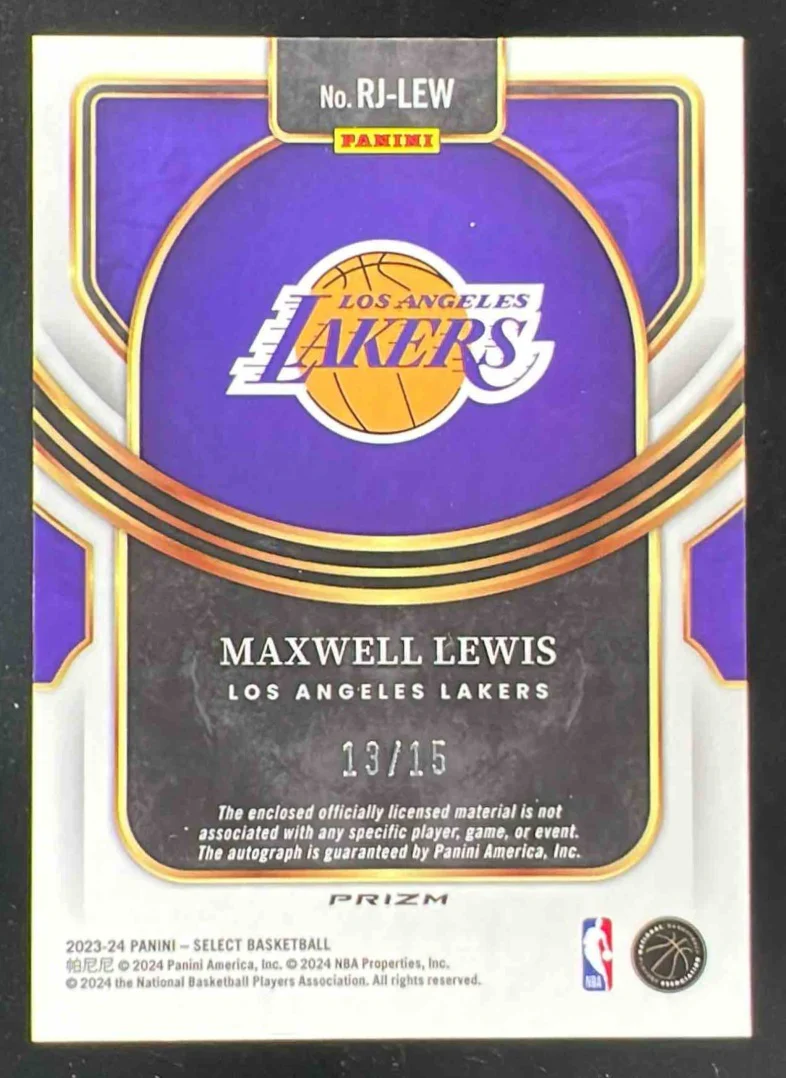 2023 Select Rookie Jersey Auto Neon Purple Pulsar FOTL Maxwell Lewis RC /15 - Image 2