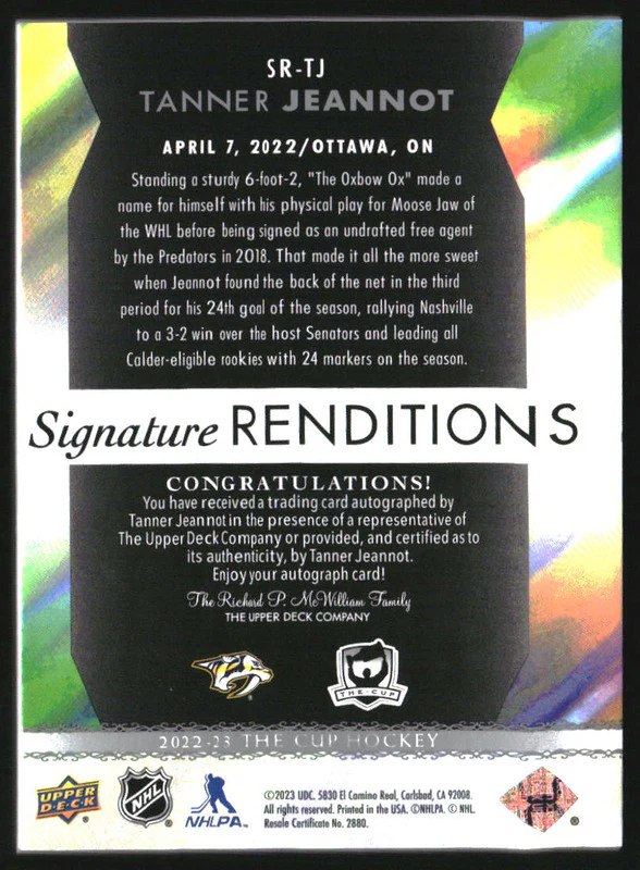 2022-23 The Cup Signature Renditions #SRTJ Tanner Jeannot Autograph Auto - Image 2