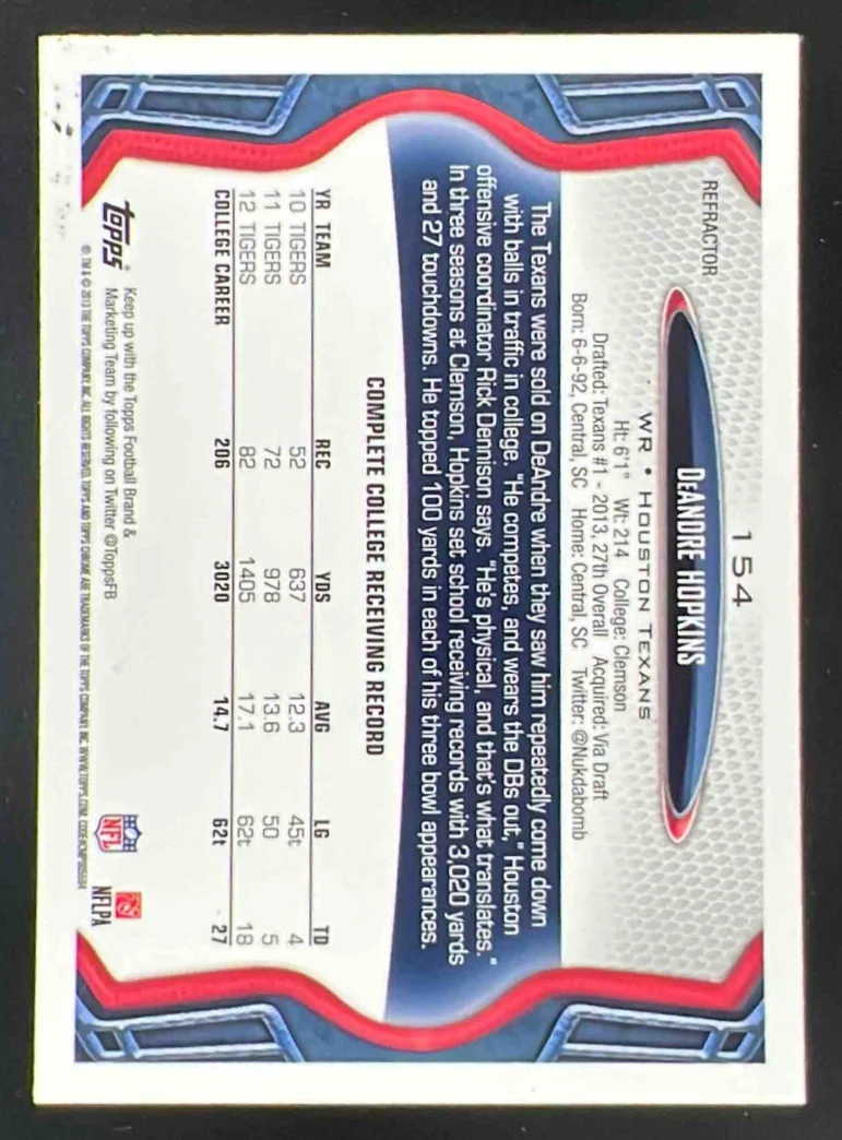 2013 Topps Chrome Blue Wave Refractors #154 DeAndre Hopkins RC - Image 2