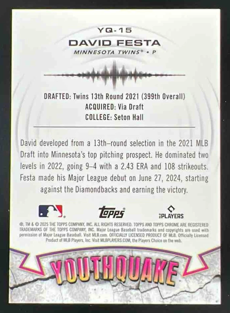 2025 Topps Chrome YouthQuake Orange Refractor #YQ-15 David Festa /25 - Image 2