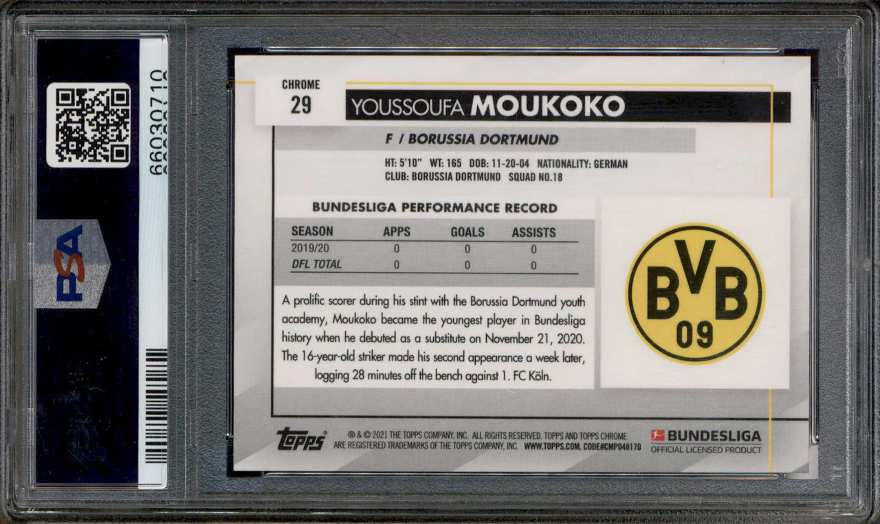 2020 Topps Chrome Bundesliga Sapphire #29 Youssoufa Moukoko RC Rookie PSA 10 - Image 2
