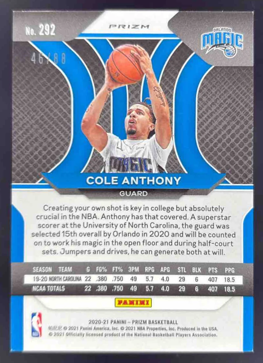 2020-21 Panini Prizm Choice Red Prizms #292 Cole Anthony RC /88 - Image 2