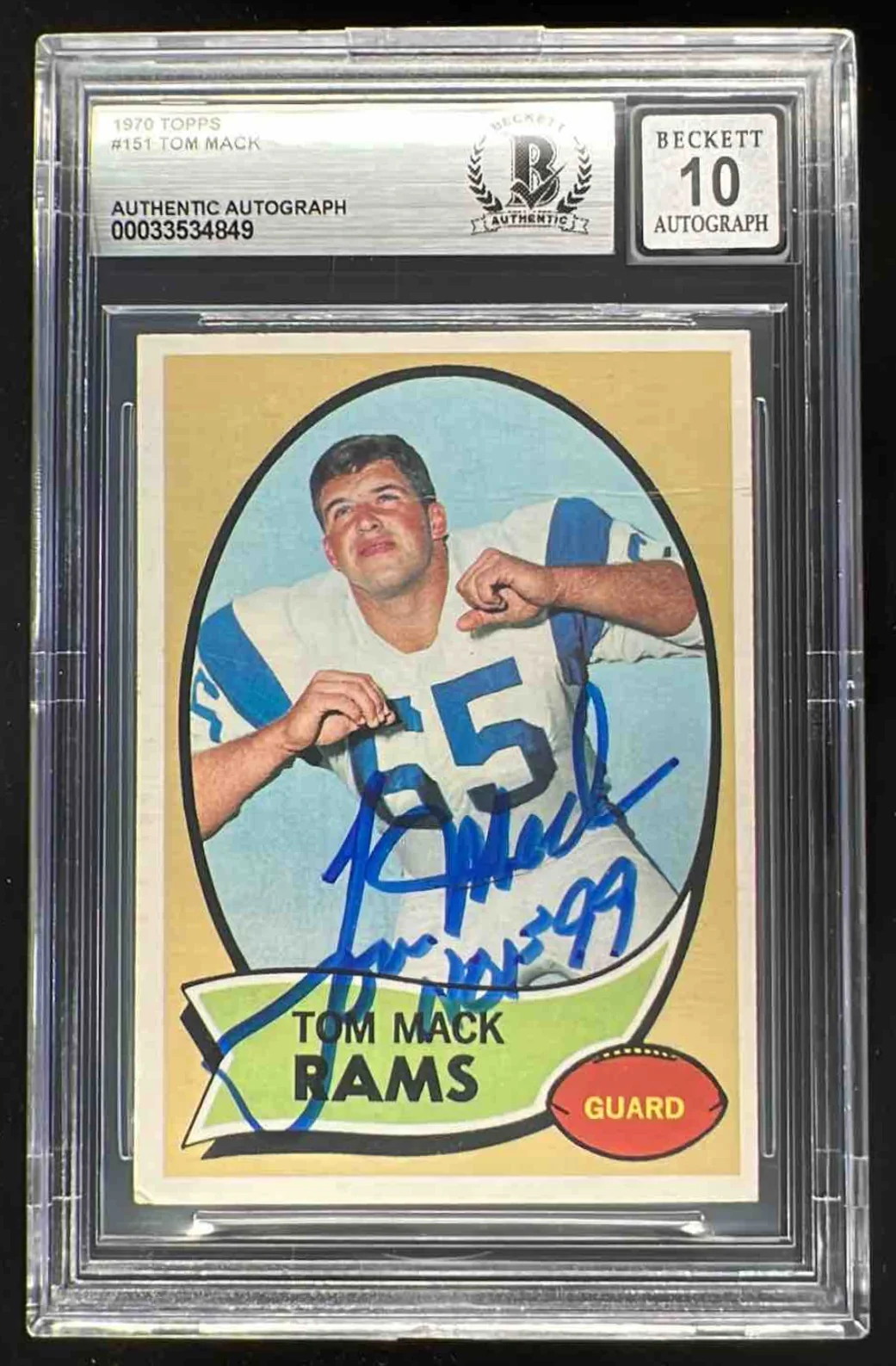 1970 Topps #151 Tom Mack RC Auto BGS Authentic