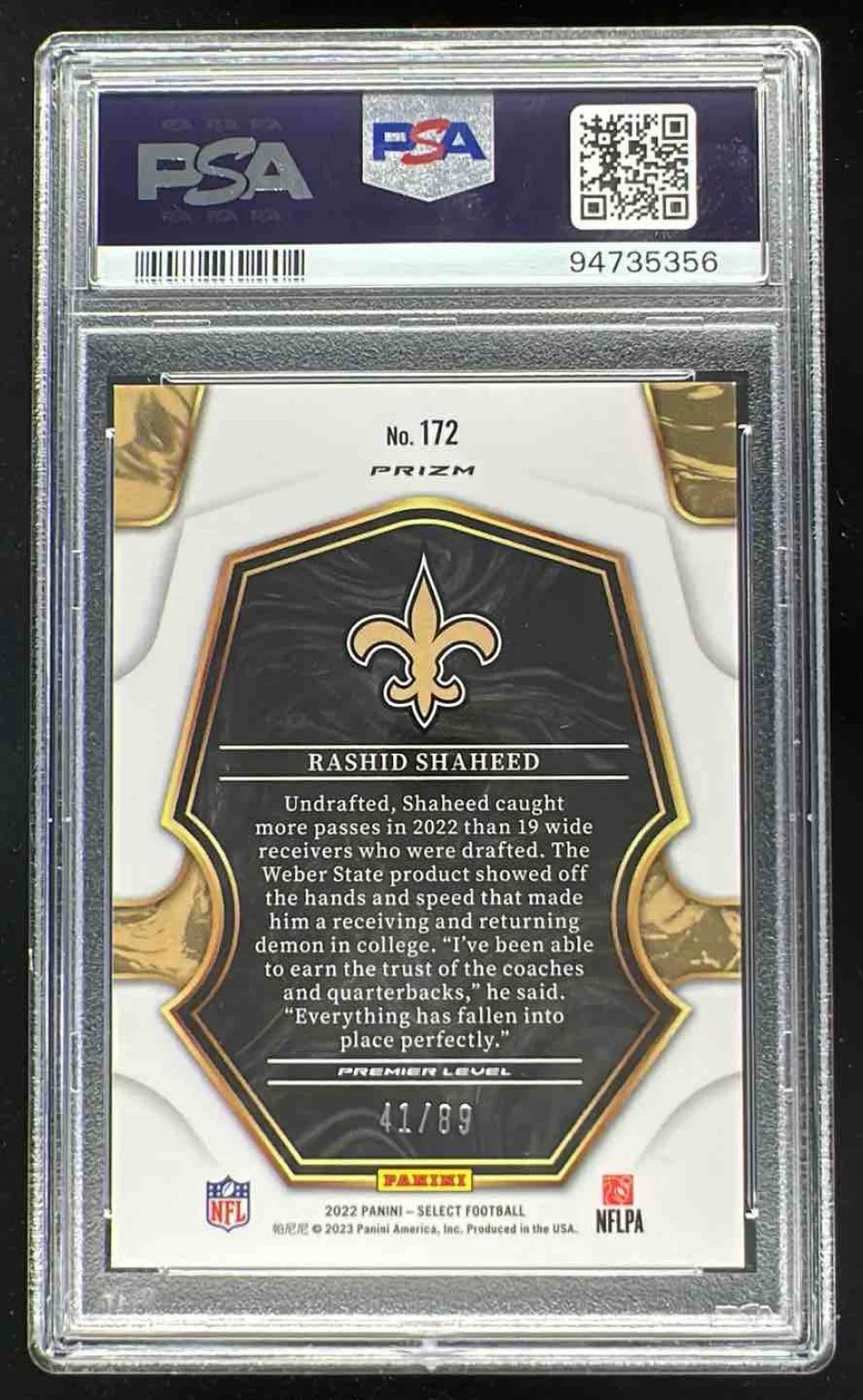 2022 Select Dragon Scale Prizm #172 Rashid Shaheed RC Premier Level /89 PSA 10 - Image 2
