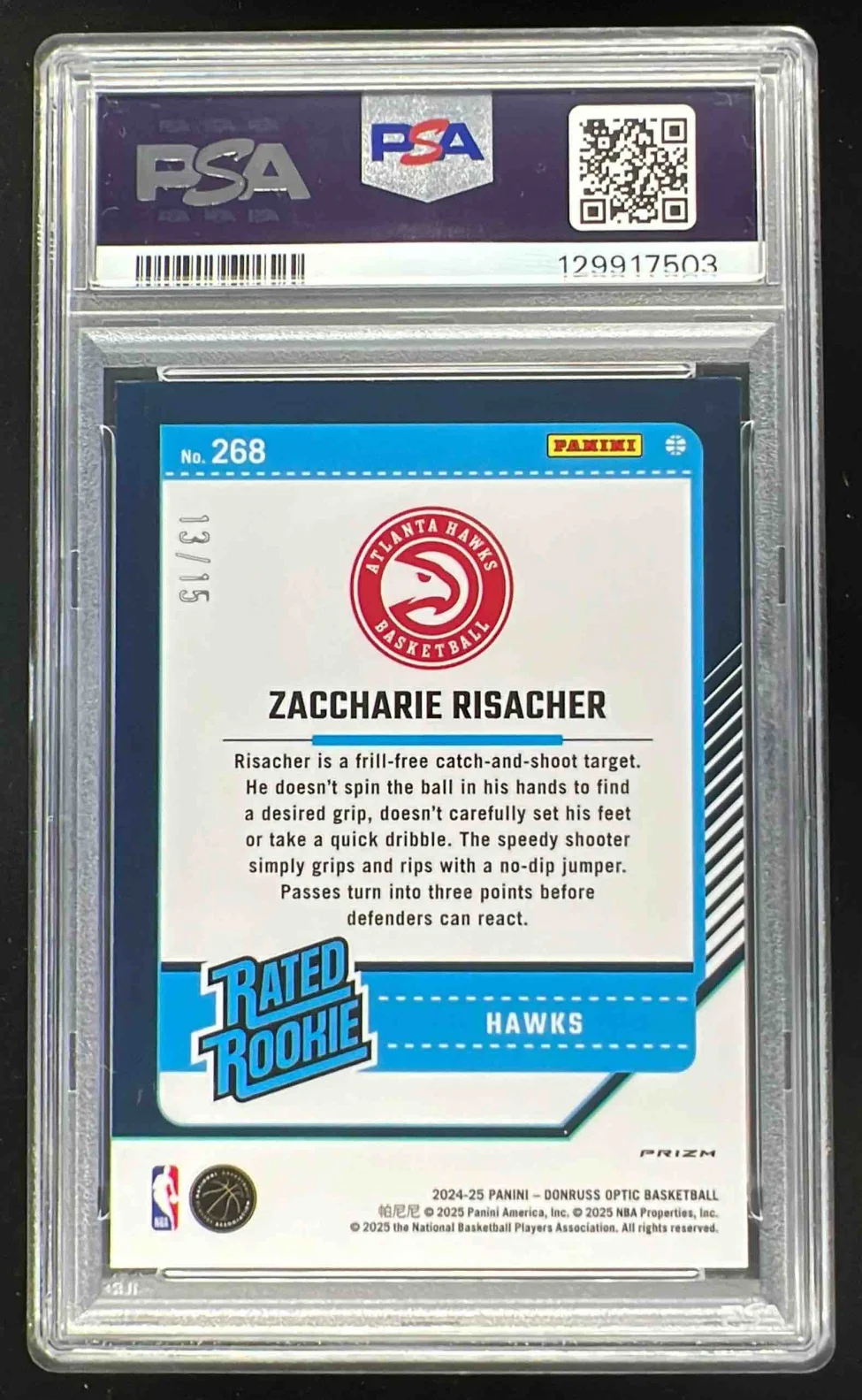 2024-25 Panini Donruss Optic Blue Glitter #268 Zaccharie Risacher RC /15 PSA 10 - Image 2