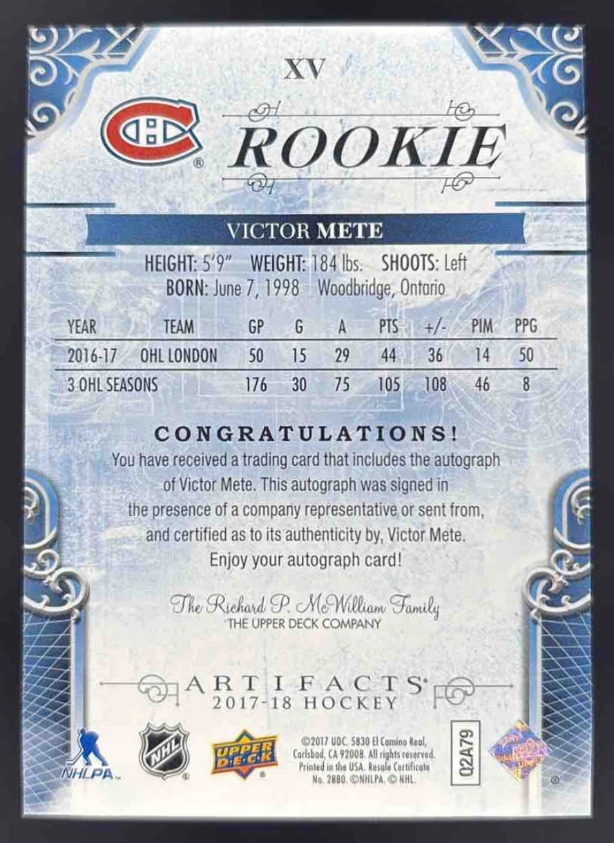 2017-18 Upper Deck Artifacts Rookie #XV Victor Mete RC Autograph Auto /150 - Image 2
