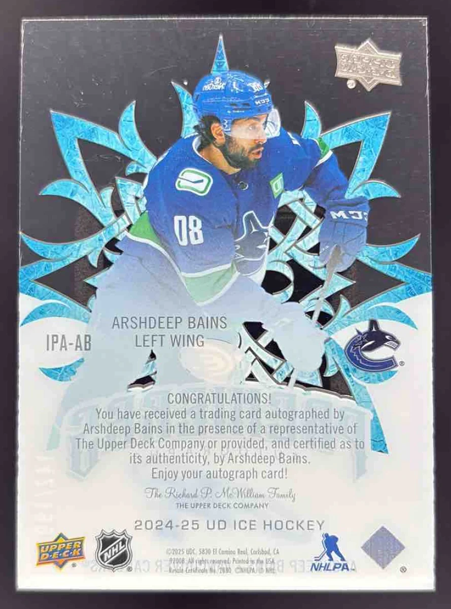 2024-25 Upper Deck Ice Ice Premieres Autographs #IPA-AB Arshdeep Bains Auto /199 - Image 2