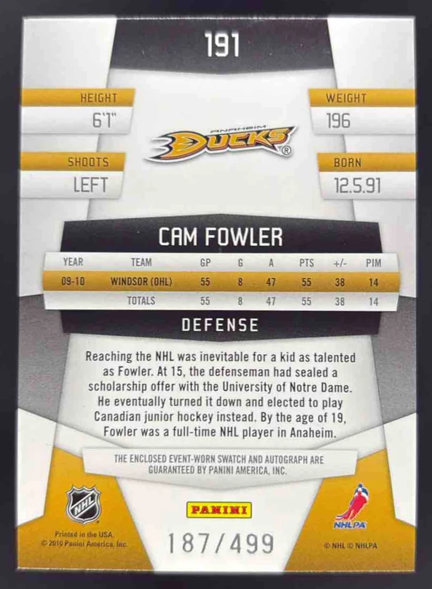 2010-11 Panini Certified #191 Cam Fowler Autograph RC Fabric Auto /499 - Image 2