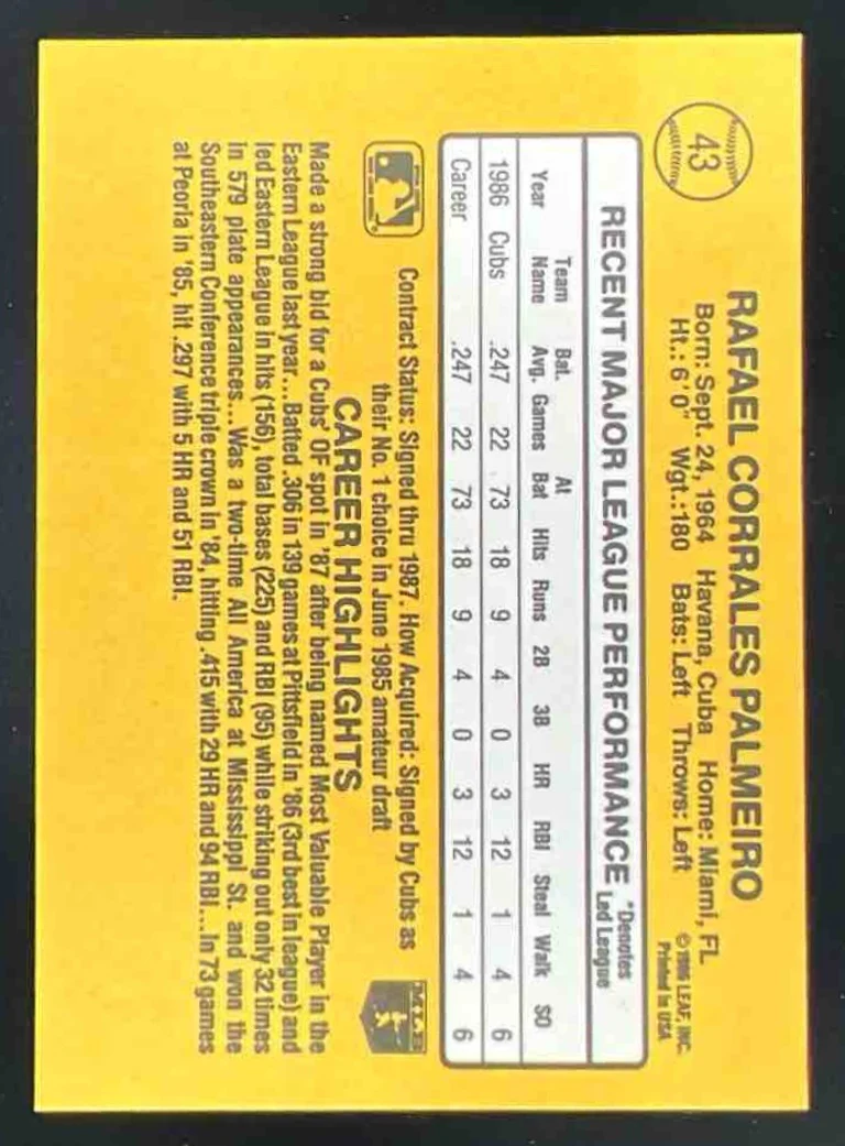1987 Donruss #43 Rafael Palmeiro RC Autograph Buyback - Image 2