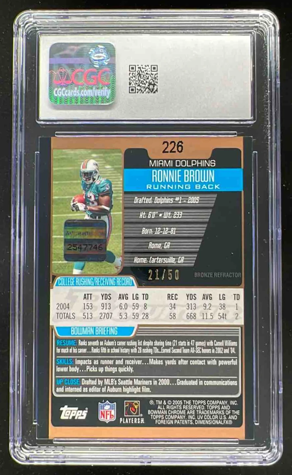 2005 Bowman Chrome Silver Refractors #226 Ronnie Brown RC /50 CGC 10 - Image 2