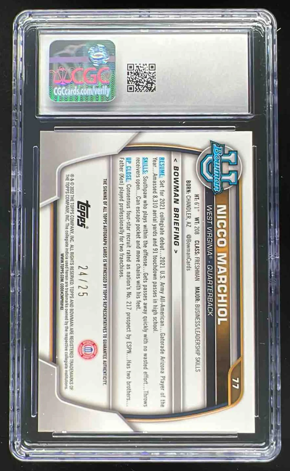 2022 Bowman University Chrome Orange Refractor Nicco Marchiol Auto /25 CGC 10 - Image 2
