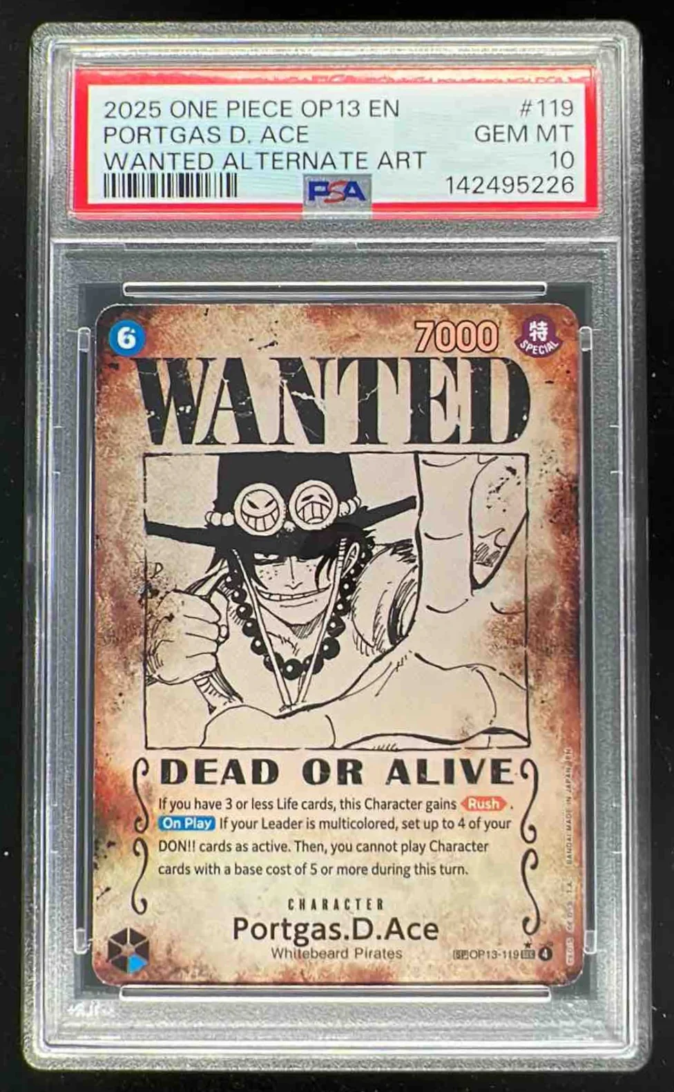 2025 One Piece OP13 EN #119 Portgas D Ace Wanted Alternate Art PSA 10