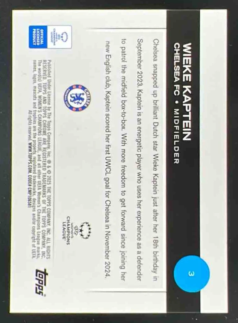 2024-25 Topps UEFA Women's Champions Gold Wave Refractor #3 Wieke Kaptein RC /50 - Image 2