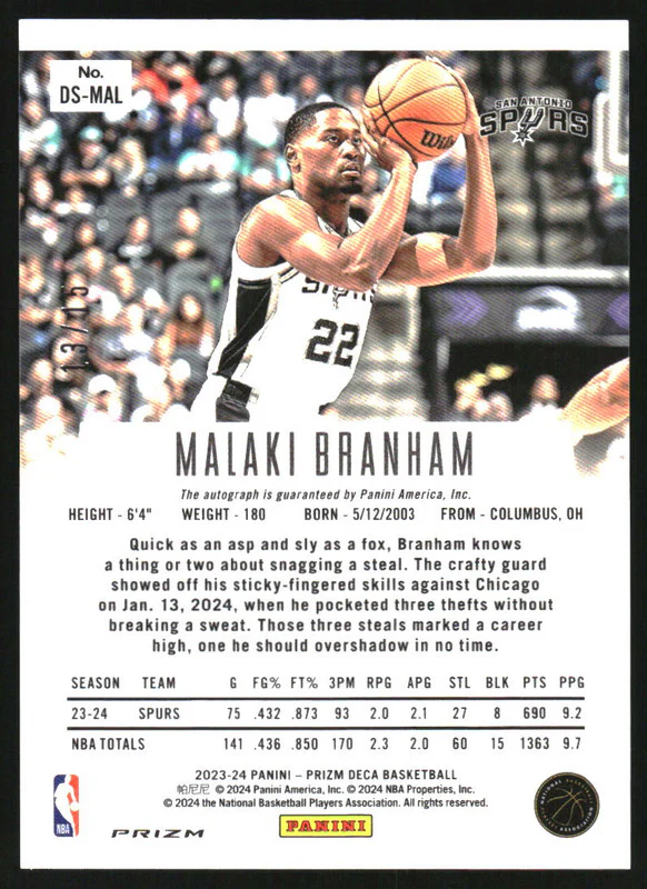 2023-24 Panini Prizm Deca Green Shimmer Autograph Malaki Branham Auto /15 - Image 2