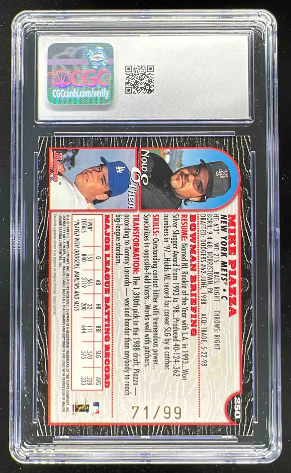1999 Bowman Gold #250 Mike Piazza /99 CGC 10 - Image 2