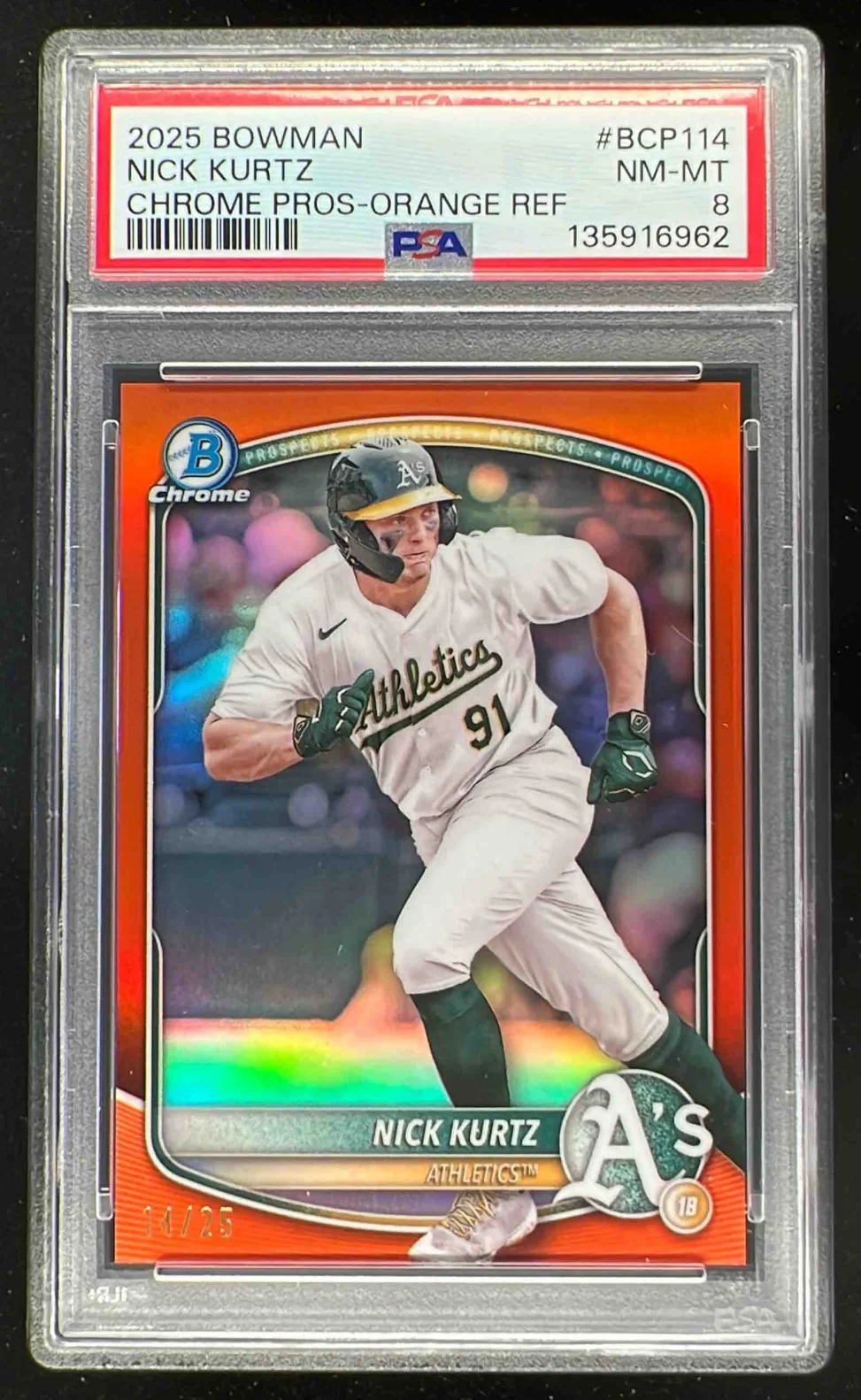 2025 Bowman Chrome Prospects Orange Refractor #BCP-114 Nick Kurtz /25 PSA 8