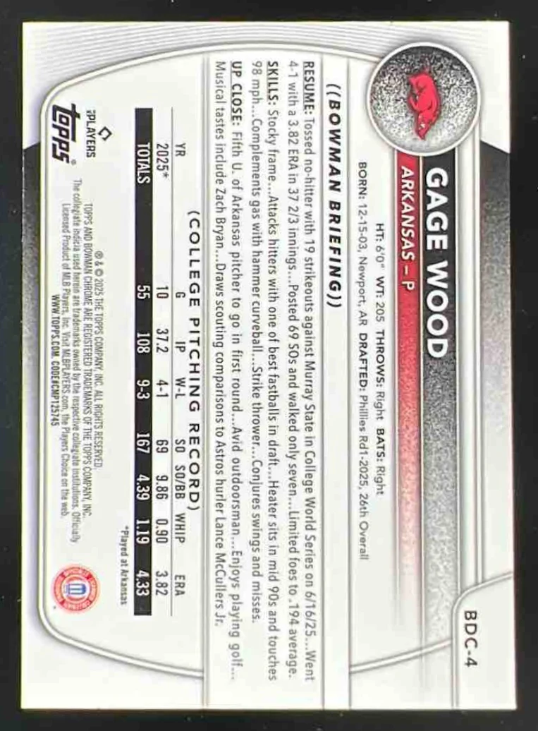 2025 Bowman Draft Chrome College Variation #BDC-4 Gage Wood - Image 2