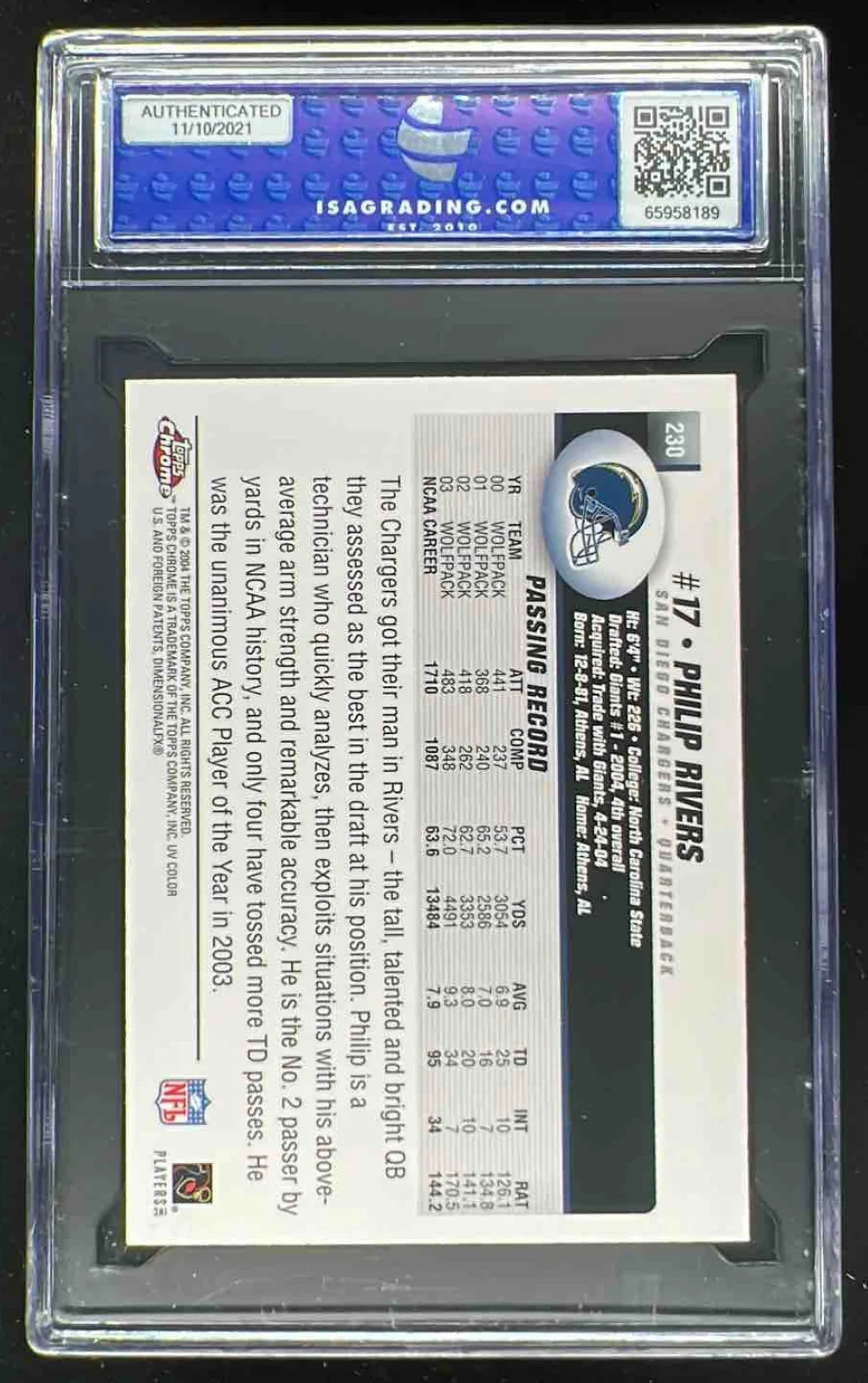 2004 Topps Chrome #230 Philip Rivers RC ISA 8.5 - Image 2