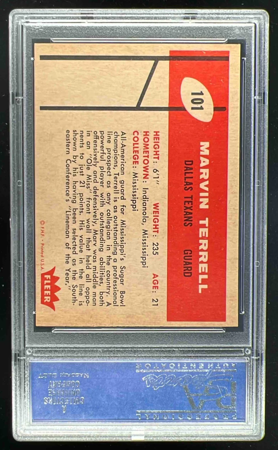 1960 Fleer #101 Marvin Terrell RC PSA 8 - Image 2