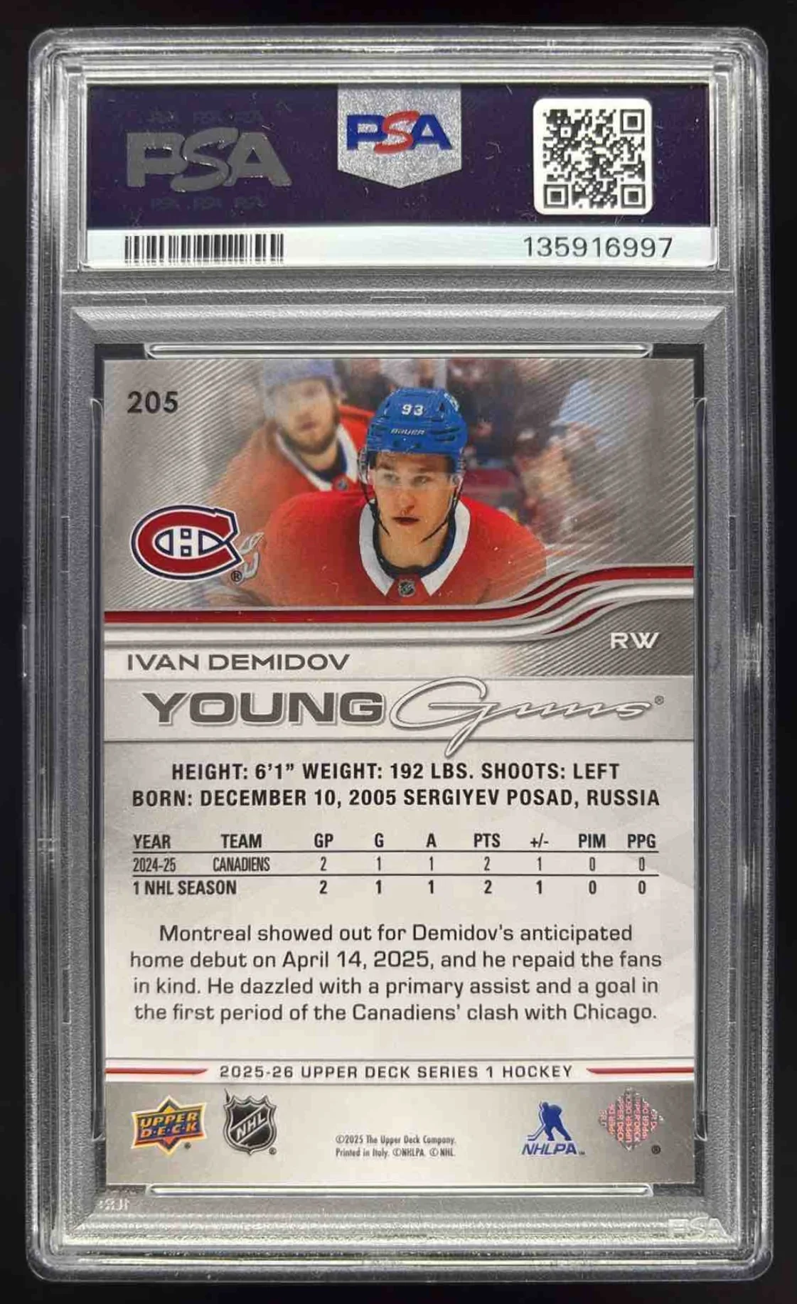 2025 Upper Deck Series 1 #205 Ivan Demidov Young Guns RC PSA 9 - Image 2