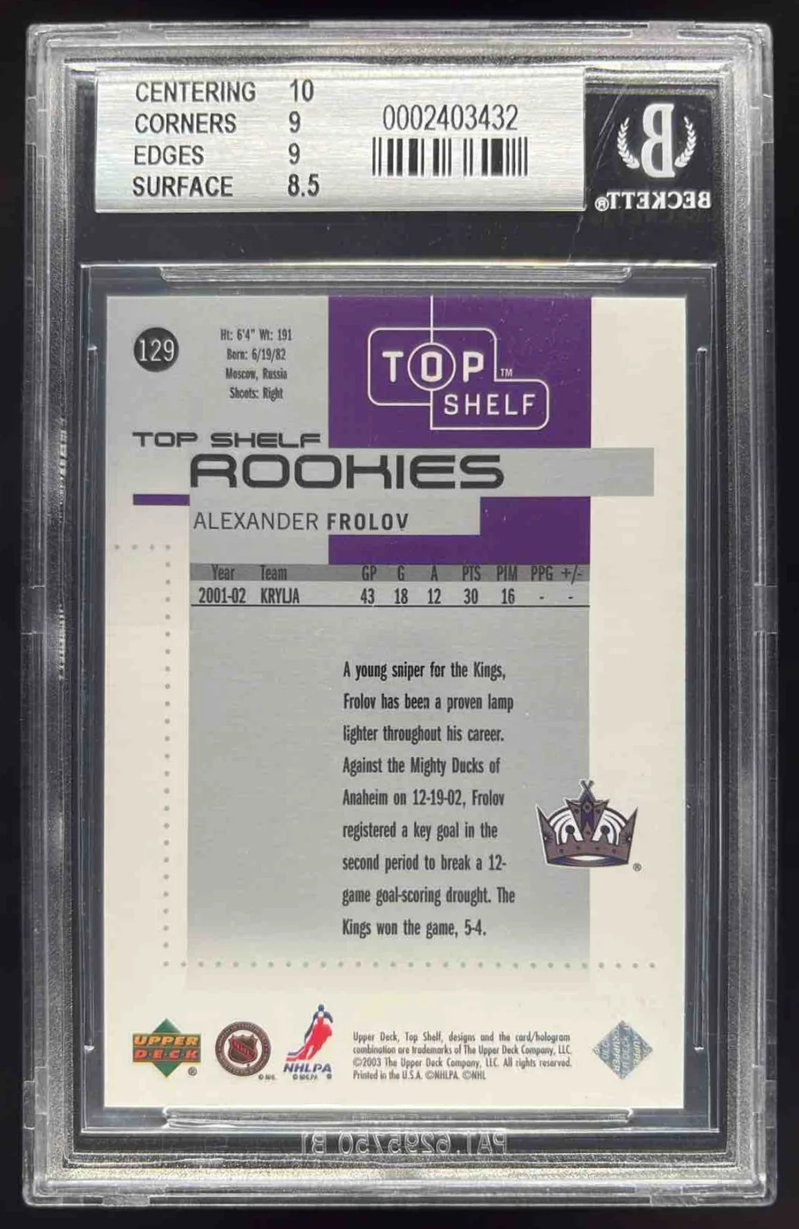 2002-03 Upper Deck Top Shelf #129 Alexander Frolov RC /500 BGS 9 - Image 2